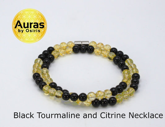 Black Tourmaline and Citrine Necklace | 6mm Beaded Crystal Jewelry for Protection & Prosperity | Handmade Gift for Men & Women
