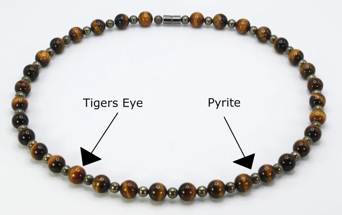 Genuine Tigers Eye and Pyrite Necklace - Gifts for Men/Women - 10mm and 6mm Beaded Necklace