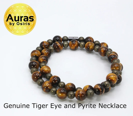 Genuine Tiger Eye and Pyrite Necklace - Gift for Men/Women - 12mm and 6mm Beaded Necklace