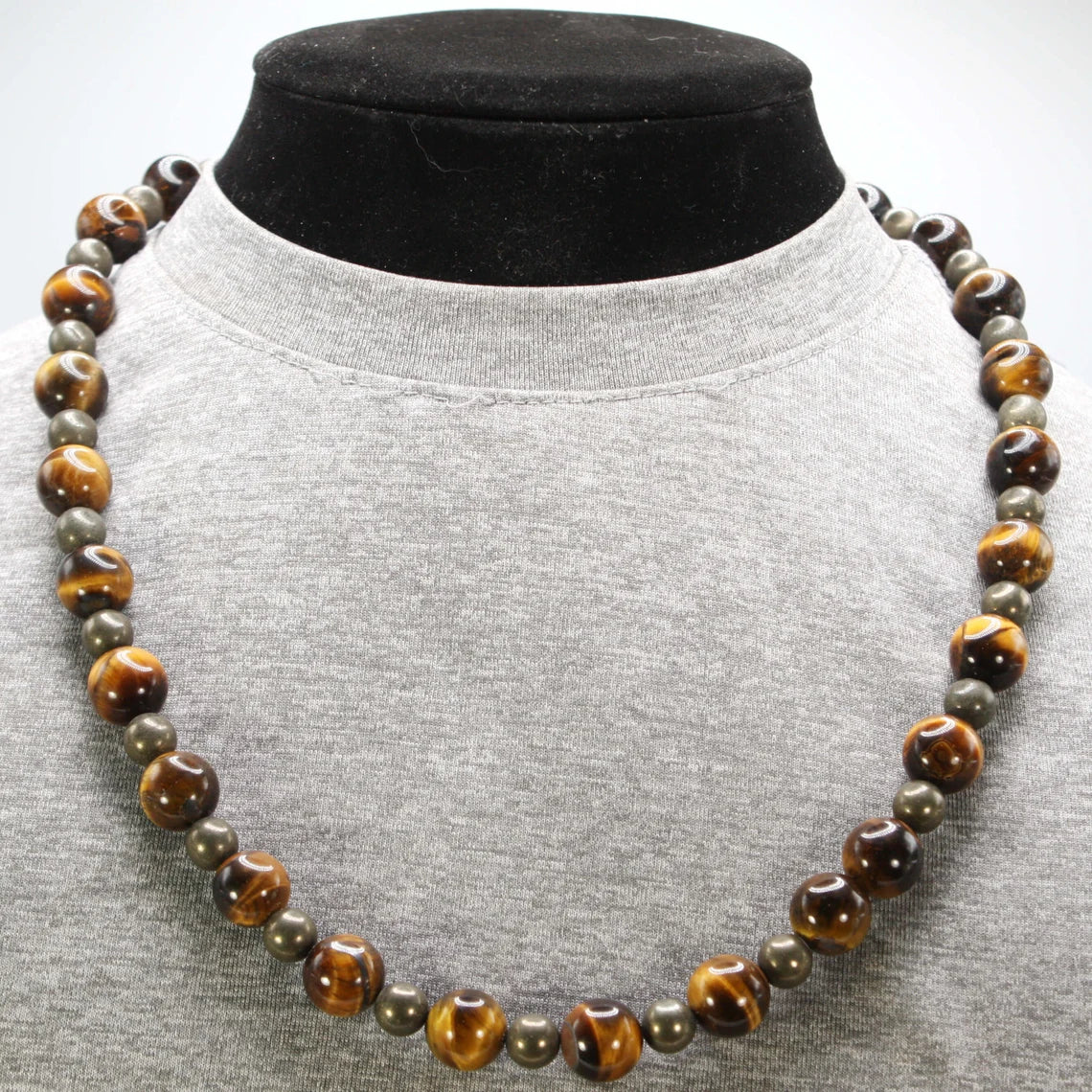 Genuine Tiger Eye and Pyrite Necklace - Gift for Men/Women - 12mm and 6mm Beaded Necklace