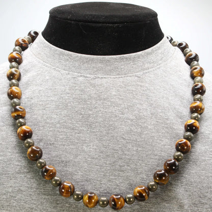 Genuine Tiger Eye and Pyrite Necklace - Gift for Men/Women - 12mm and 6mm Beaded Necklace