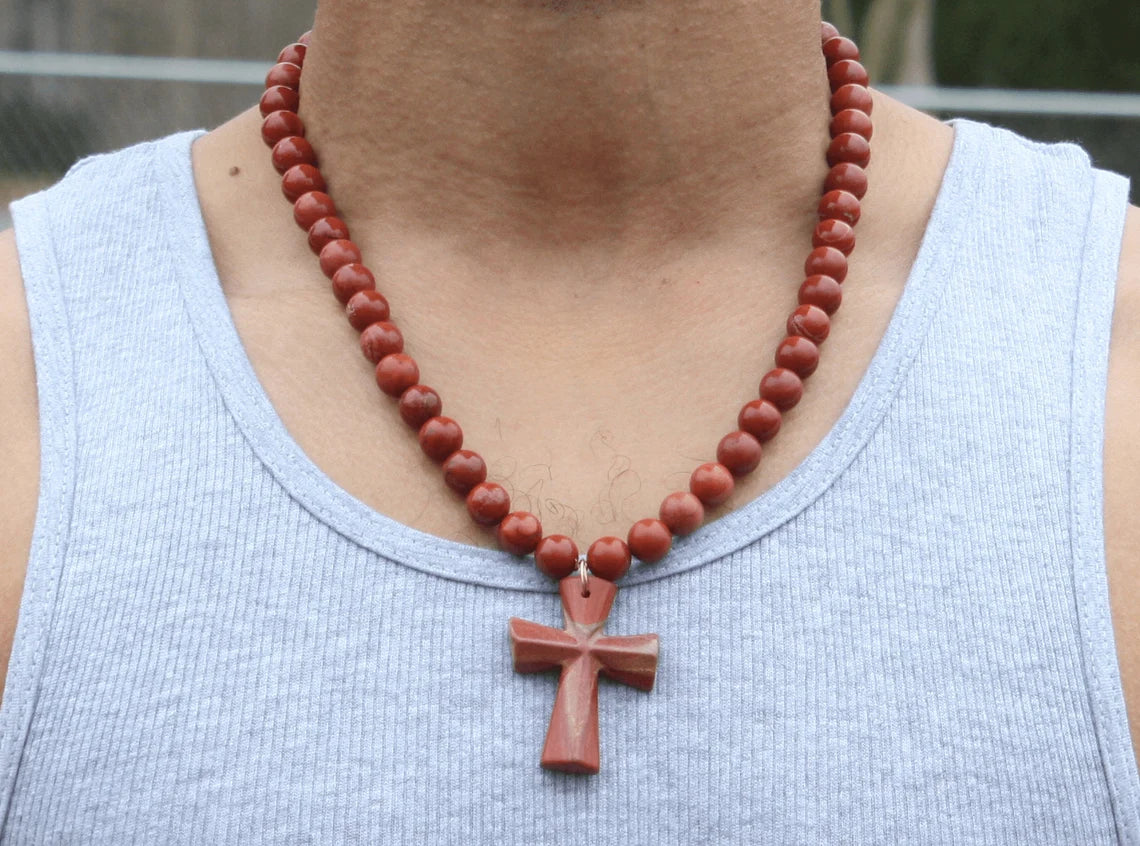 Genuine Red Jasper Necklace with Cross Pendant – Spiritual & Religious Jewelry for Men & Women