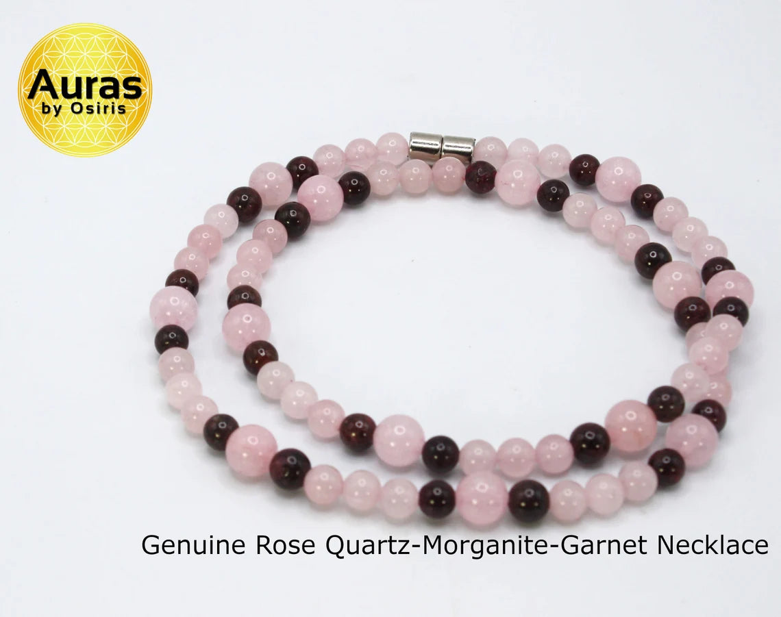 Genuine Rose Quartz, Morganite & Garnet Necklace | 6mm & 8mm Beads | Handmade Gemstone Jewelry for Peace, Love & Tranquility | Gift for Her