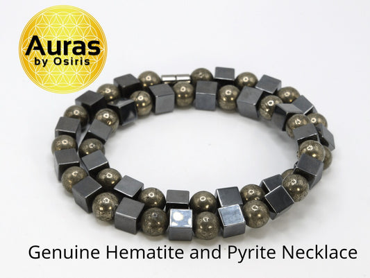 Hematite Cube & Pyrite Sphere Necklace – Healing Crystal Jewelry for Men & Women – Strength, Wealth & Protection