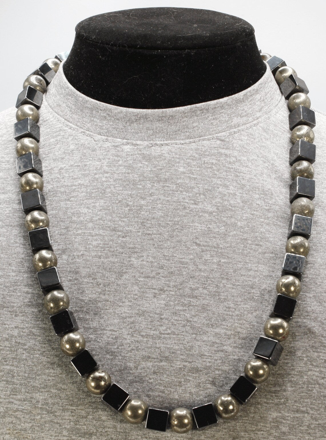 Hematite Cube & Pyrite Sphere Necklace – Healing Crystal Jewelry for Men & Women – Strength, Wealth & Protection