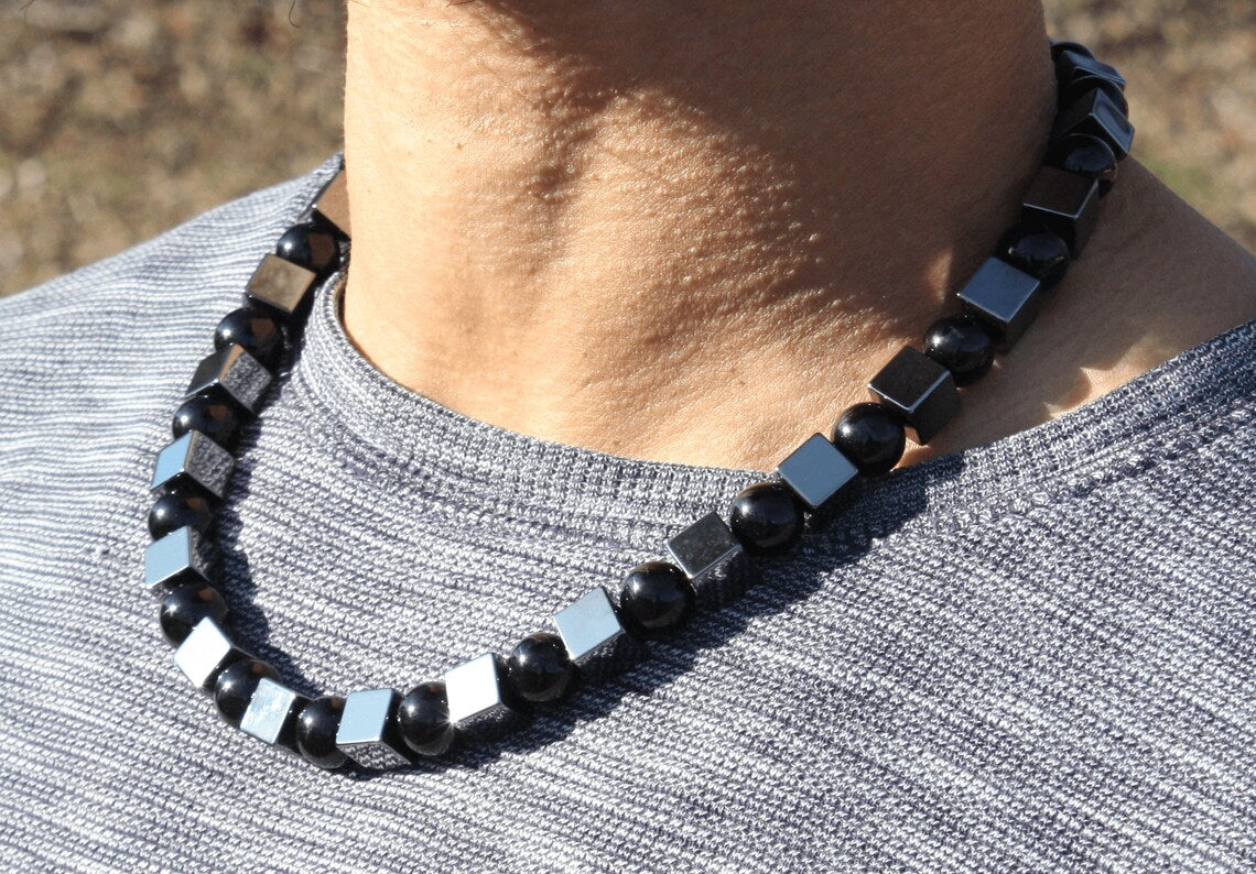 Hematite Cube and Black Onyx Sphere Necklace - Gifts for Men/Women - A Manifestation of Protection and Strength