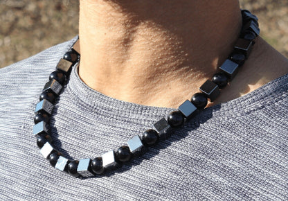 Hematite Cube and Black Onyx Sphere Necklace - Gifts for Men/Women - A Manifestation of Protection and Strength
