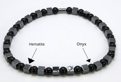 Hematite Cube and Black Onyx Sphere Necklace - Gifts for Men/Women - A Manifestation of Protection and Strength