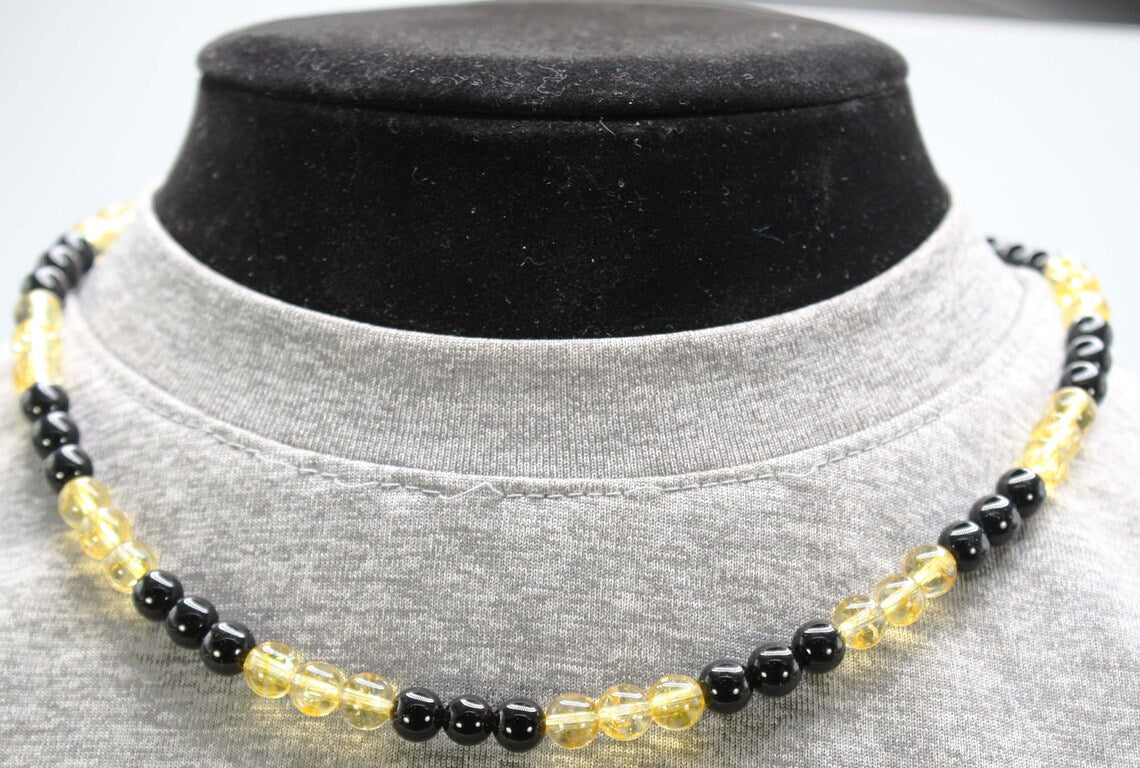 Black Tourmaline and Citrine Necklace | 6mm Beaded Crystal Jewelry for Protection & Prosperity | Handmade Gift for Men & Women