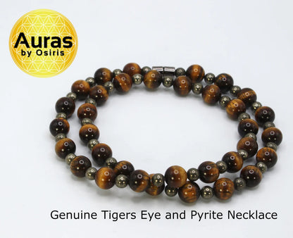 Genuine Tigers Eye and Pyrite Necklace - Gifts for Men/Women - 10mm and 6mm Beaded Necklace