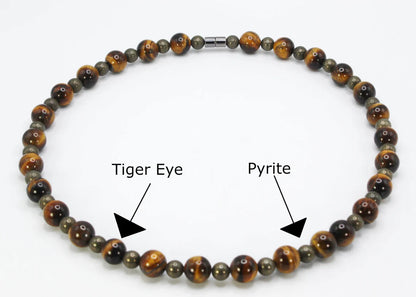 Genuine Tiger Eye and Pyrite Necklace - Gift for Men/Women - 12mm and 6mm Beaded Necklace