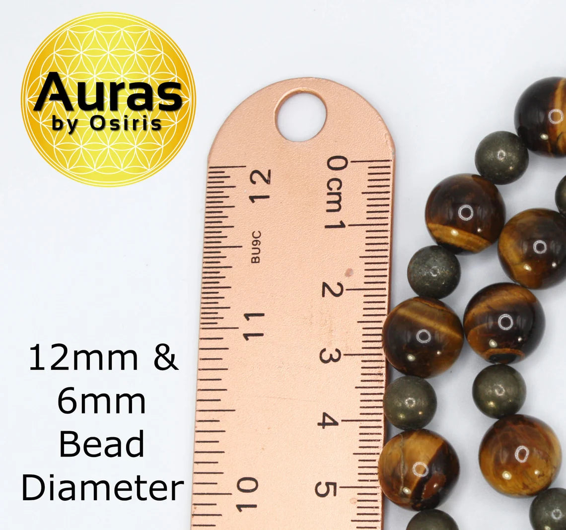 Genuine Tiger Eye and Pyrite Necklace - Gift for Men/Women - 12mm and 6mm Beaded Necklace