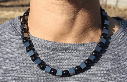 Hematite Cube and Black Onyx Sphere Necklace - Gifts for Men/Women - A Manifestation of Protection and Strength