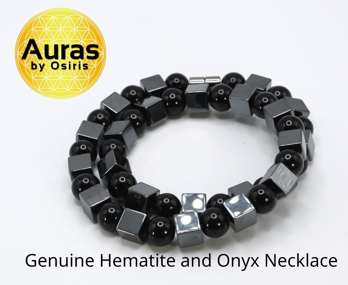 Hematite Cube and Black Onyx Sphere Necklace - Gifts for Men/Women - A Manifestation of Protection and Strength