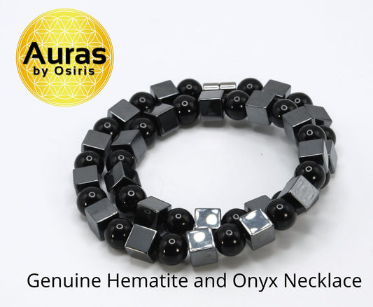 Hematite Cube and Black Onyx Sphere Necklace - Gifts for Men/Women - A Manifestation of Protection and Strength