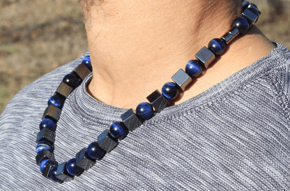 Hematite and Blue Tiger’s Eye Necklace – Handmade Gemstone Jewelry for Grounding, Insight & Protection