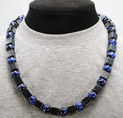 Hematite and Blue Tiger’s Eye Necklace – Handmade Gemstone Jewelry for Grounding, Insight & Protection