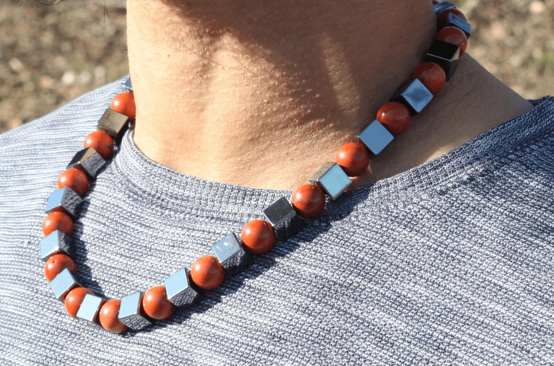 Hematite and Red Jasper Necklace - Gift for Men/Women - A Fusion of Grounding and Vitality