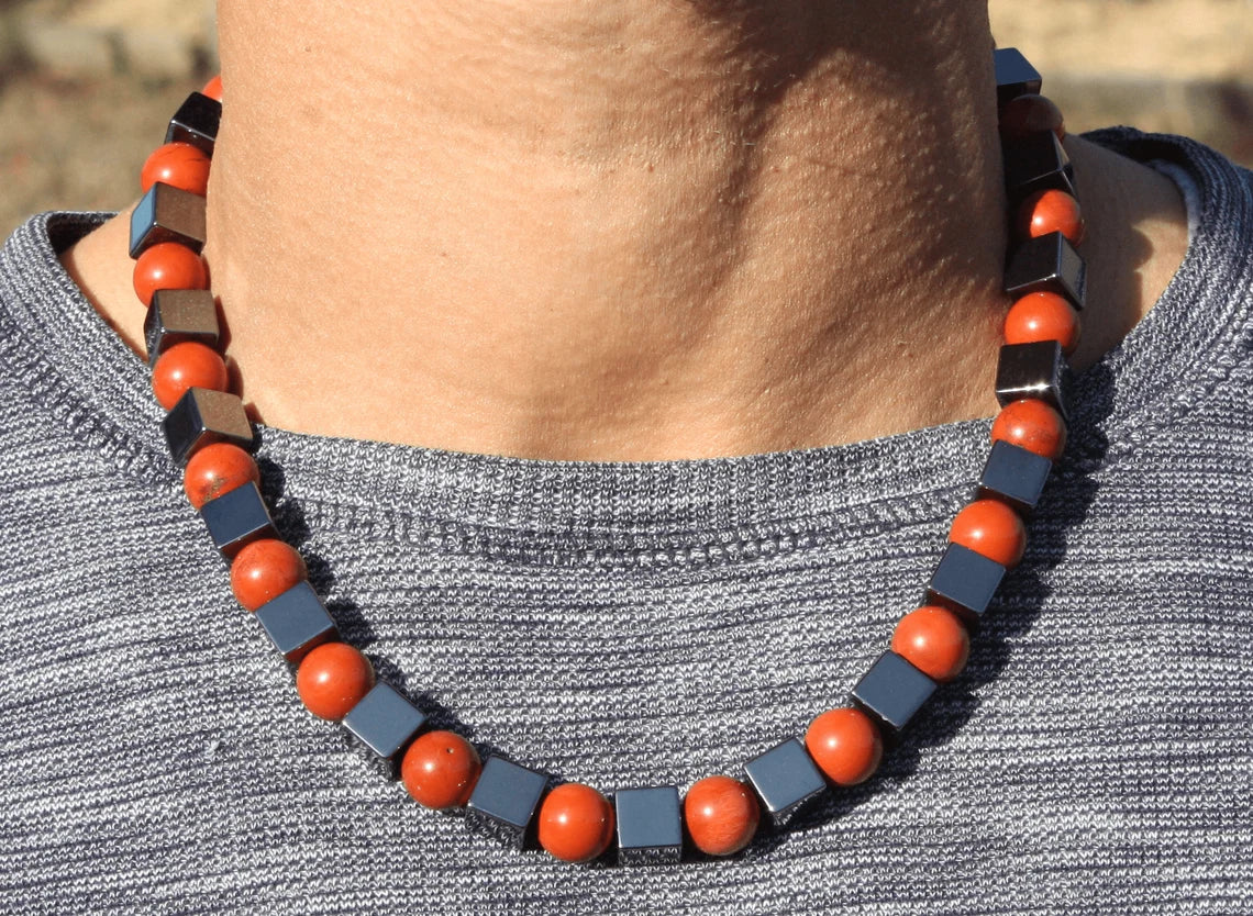 Hematite and Red Jasper Necklace - Gift for Men/Women - A Fusion of Grounding and Vitality