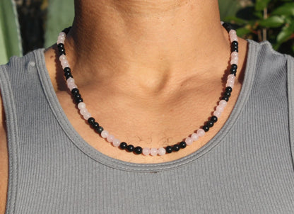 Obsidian & Rose Quartz Necklace - Pink Gemstone Jewelry for Men/Women - Unconditional Love