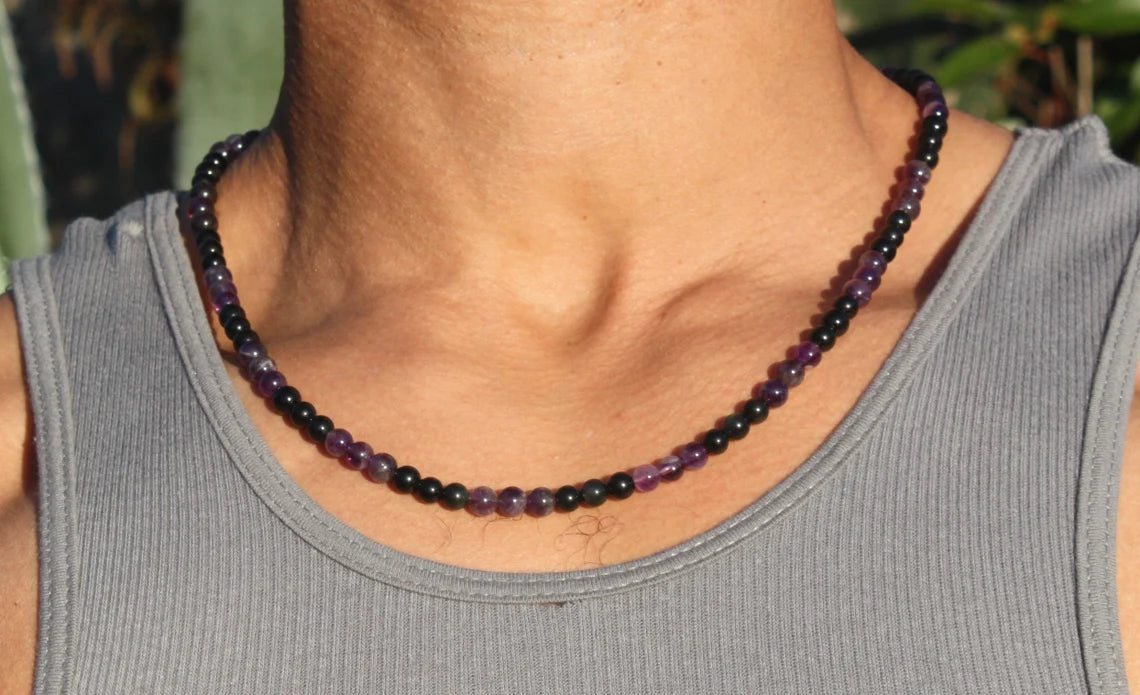 Amethyst and Obsidian Necklace - A Guardian of Serenity and Shielding