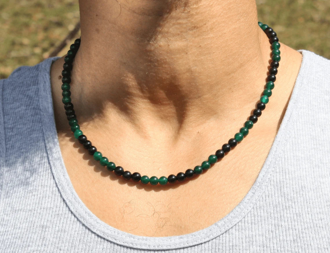 Green Jade and Obsidian Necklace - A Harmony of Peace and Protection