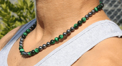 Green Tiger's Eye and Hematite Necklace - Gemstone Jewelry for Men/Women - Vigor and Protection Combined