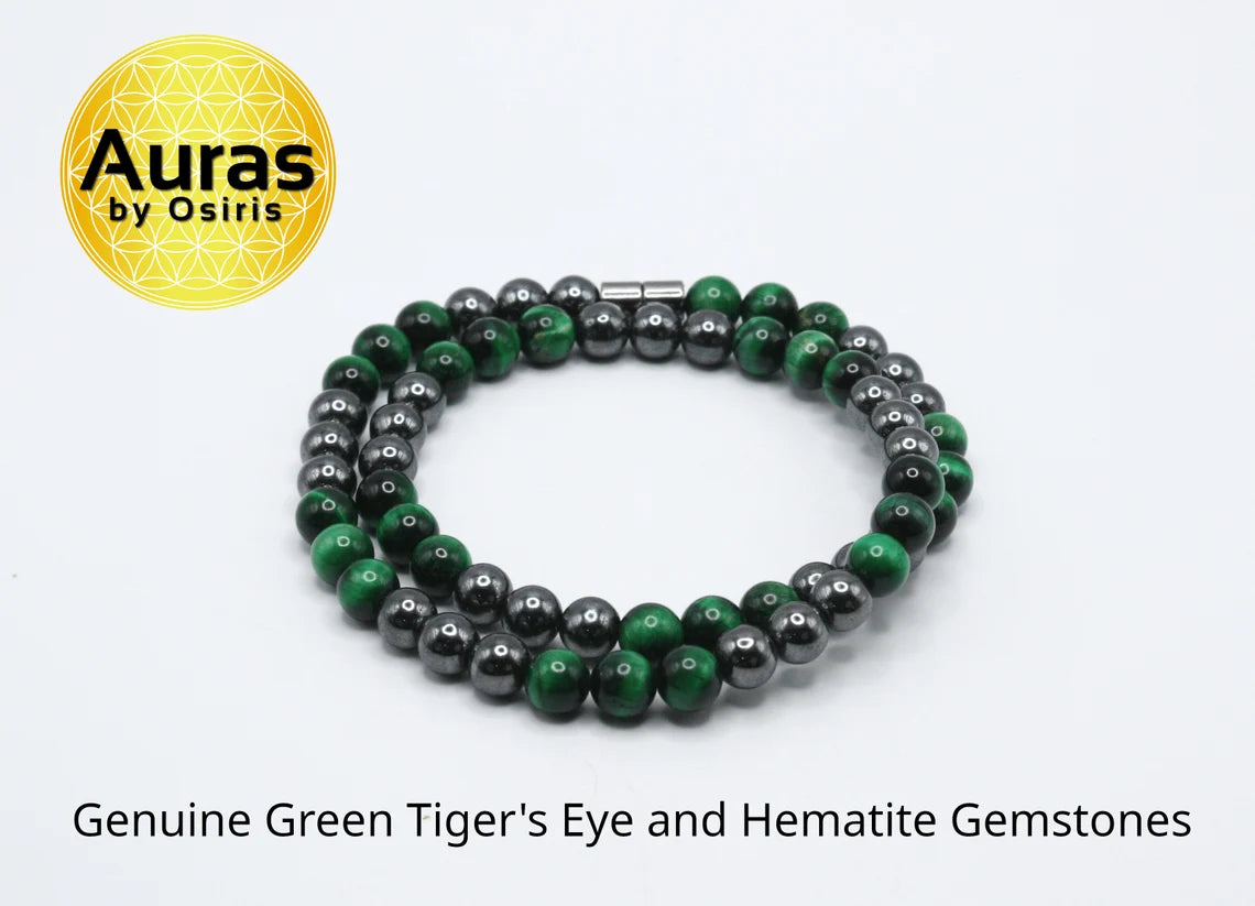 Green Tiger's Eye and Hematite Necklace - Gemstone Jewelry for Men/Women - Vigor and Protection Combined