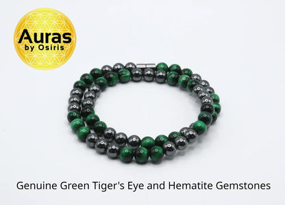 Green Tiger's Eye and Hematite Necklace - Gemstone Jewelry for Men/Women - Vigor and Protection Combined