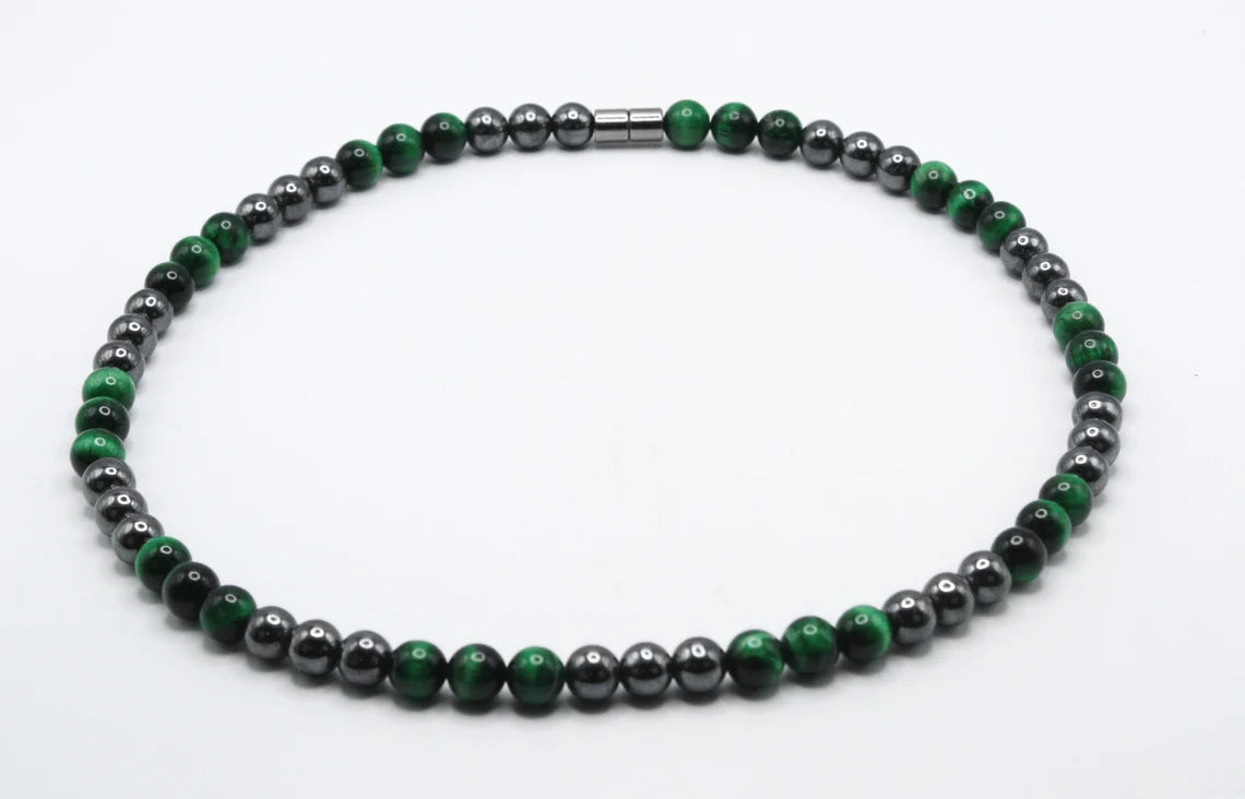 Green Tiger's Eye and Hematite Necklace - Gemstone Jewelry for Men/Women - Vigor and Protection Combined