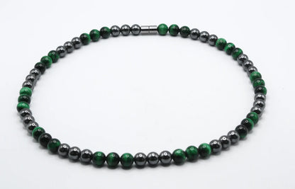 Green Tiger's Eye and Hematite Necklace - Gemstone Jewelry for Men/Women - Vigor and Protection Combined