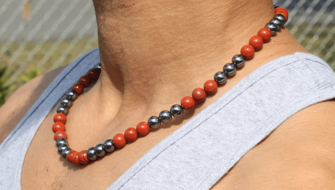 Red Jasper and Hematite Necklace - Gemstone Jewelry for Men/Women - Vitality and Grounding Embrace