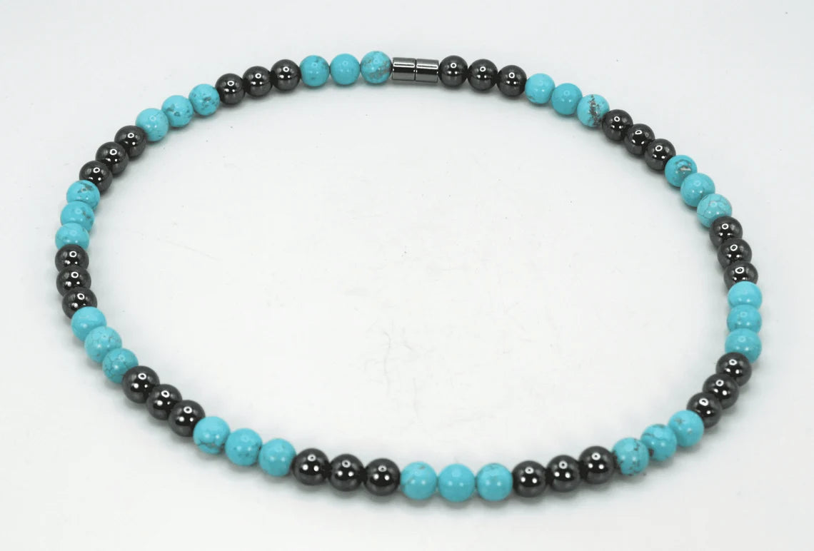 Turquoise and Hematite Necklace - Gemstone Jewelry for Men/Women - Harmony and Protection Embrace