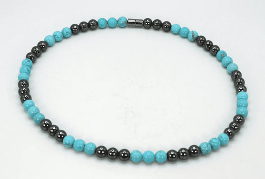 Turquoise and Hematite Necklace - Gemstone Jewelry for Men/Women - Harmony and Protection Embrace