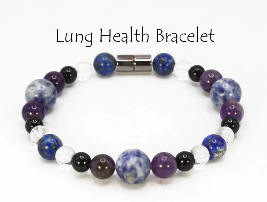 Lung Health Gemstone Jewlery for Men/Women Lapis Lazuli Sodalite Quartz Black Tourmaline Amethyst Crystal Bead Bracelet with Magnet Clasp