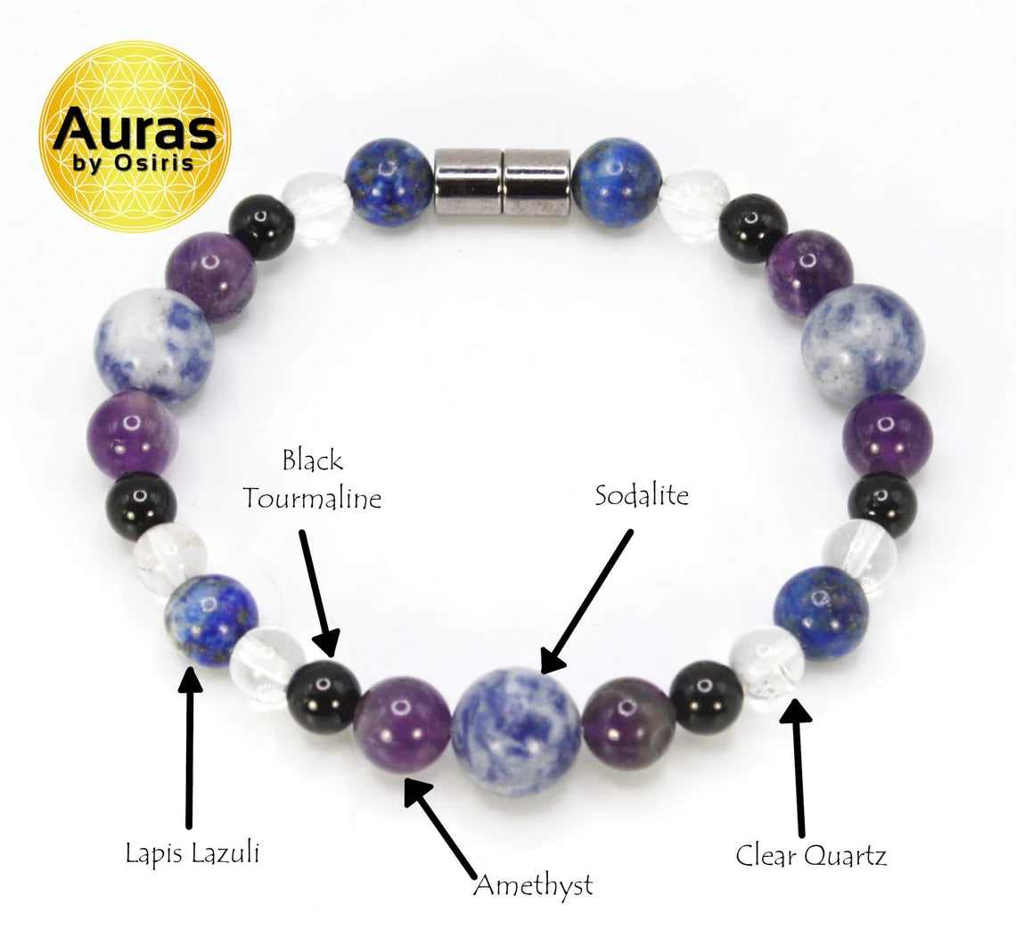 Lung Health Gemstone Jewlery for Men/Women Lapis Lazuli Sodalite Quartz Black Tourmaline Amethyst Crystal Bead Bracelet with Magnet Clasp