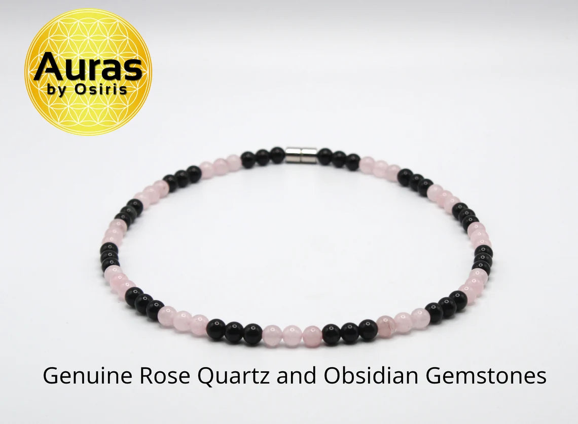Obsidian & Rose Quartz Necklace - Pink Gemstone Jewelry for Men/Women - Unconditional Love