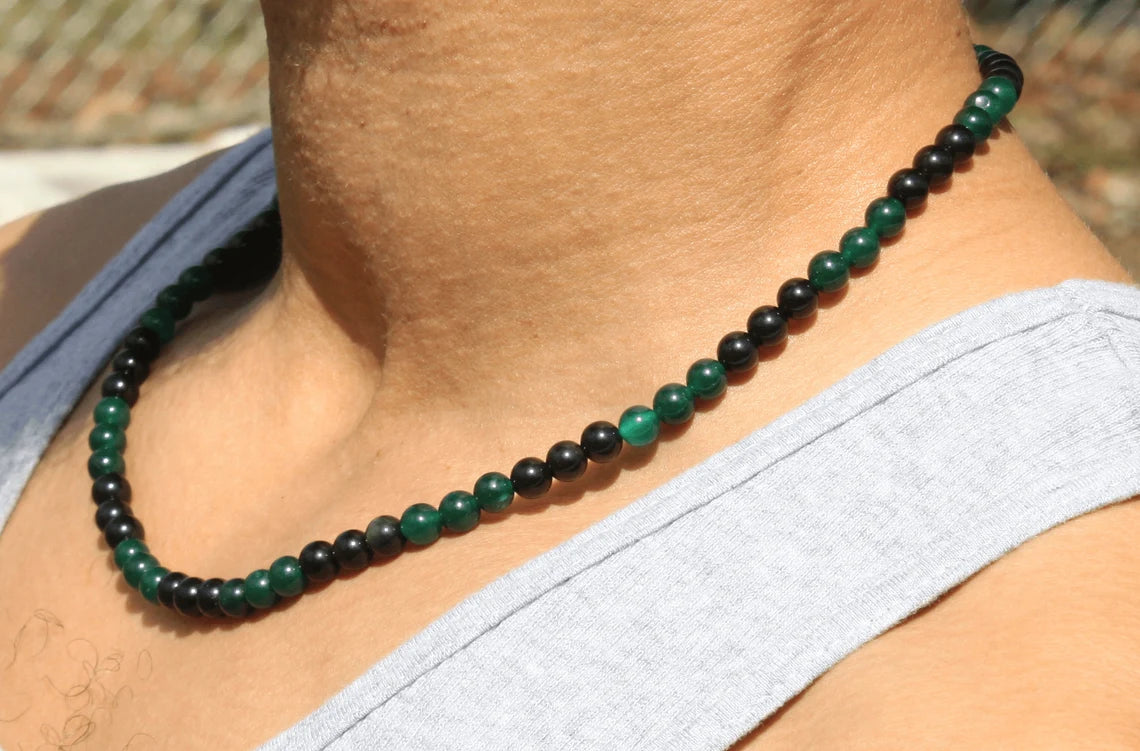 Green Jade and Obsidian Necklace - A Harmony of Peace and Protection