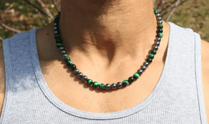 Green Tiger's Eye and Hematite Necklace - Gemstone Jewelry for Men/Women - Vigor and Protection Combined