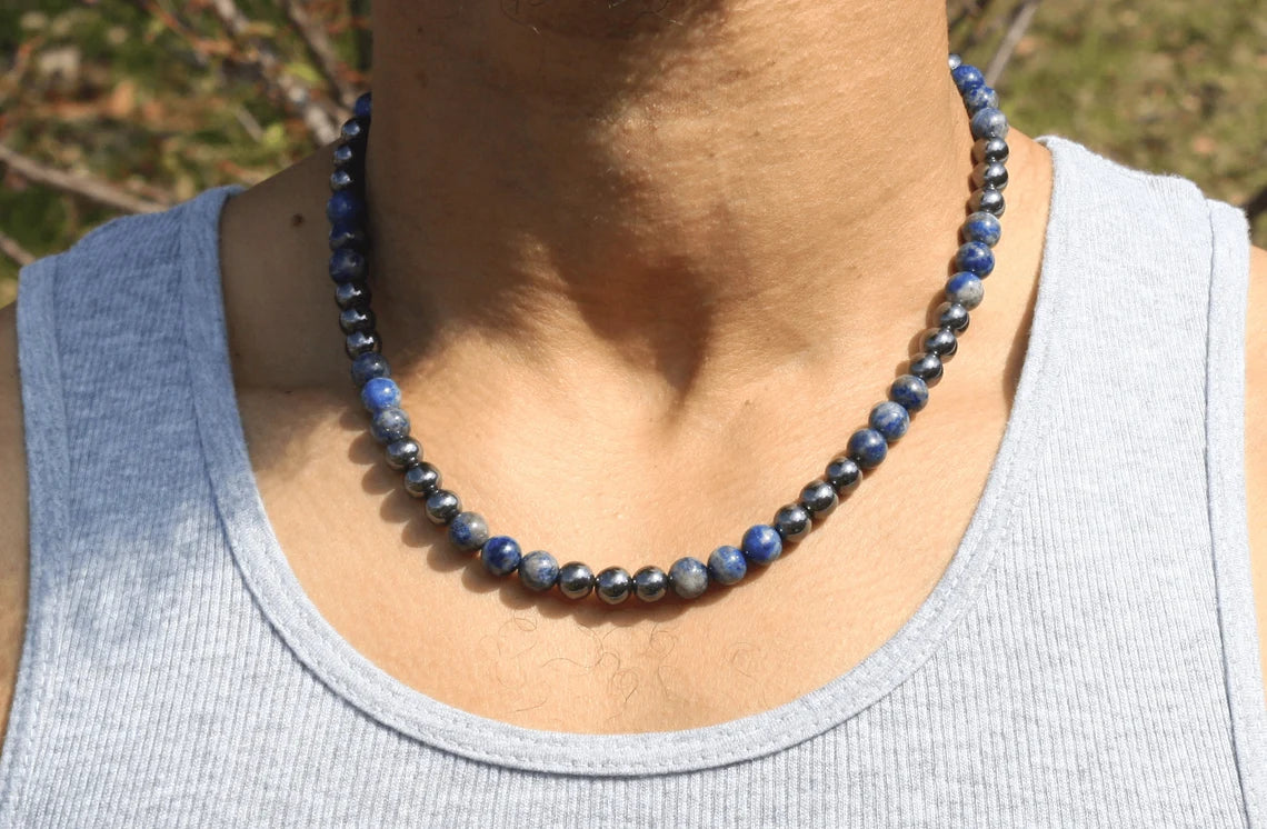 Lapis Lazuli and Hematite Necklace - Gemstone Jewelry for Men/Women - Wisdom and Protection United