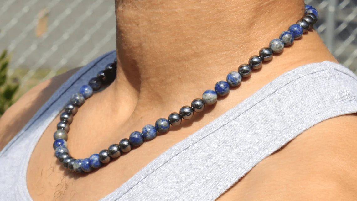 Lapis Lazuli and Hematite Necklace - Gemstone Jewelry for Men/Women - Wisdom and Protection United