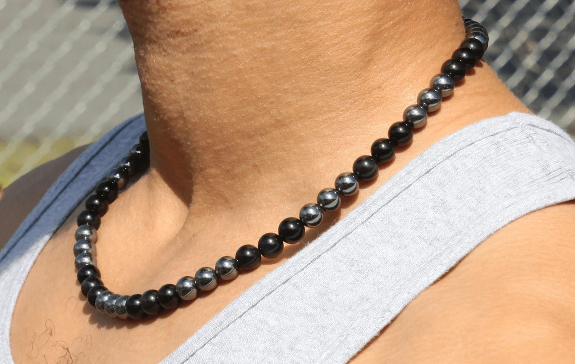 Hematite and Obsidian Necklace - Gemstone Jewelry for Men/Women - A Shield of Grounding and Protectio