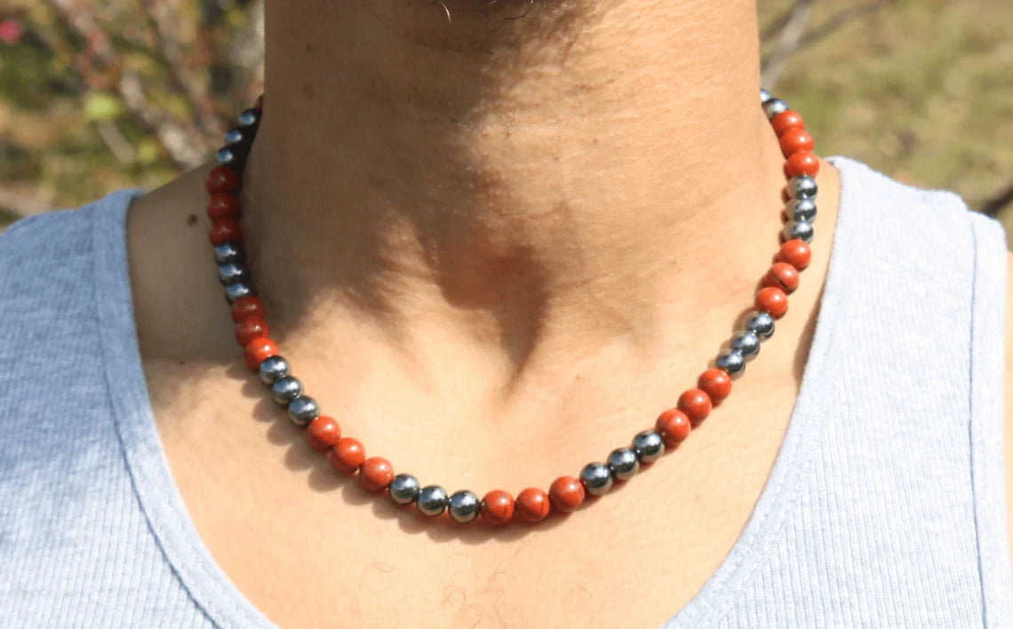 Red Jasper and Hematite Necklace - Gemstone Jewelry for Men/Women - Vitality and Grounding Embrace