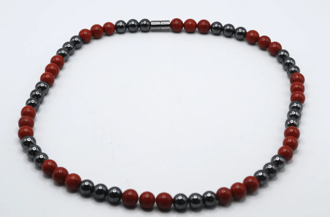 Red jasper and hematite gemstone necklace with red and dark metallic beads