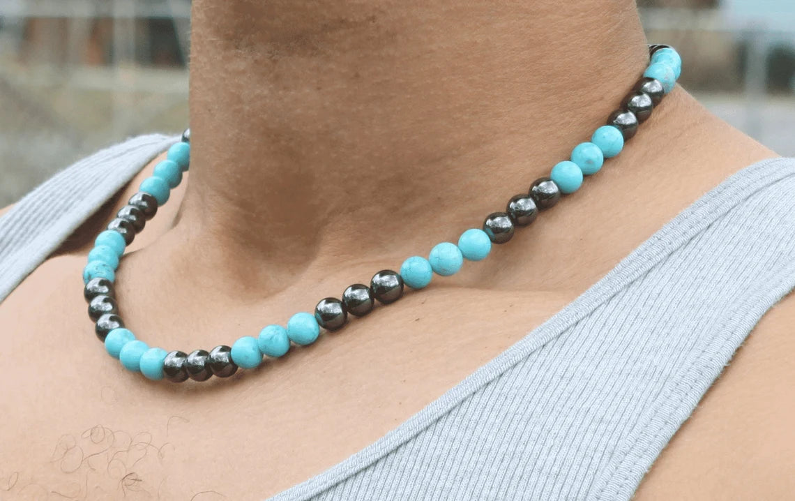 Turquoise and Hematite Necklace - Gemstone Jewelry for Men/Women - Harmony and Protection Embrace
