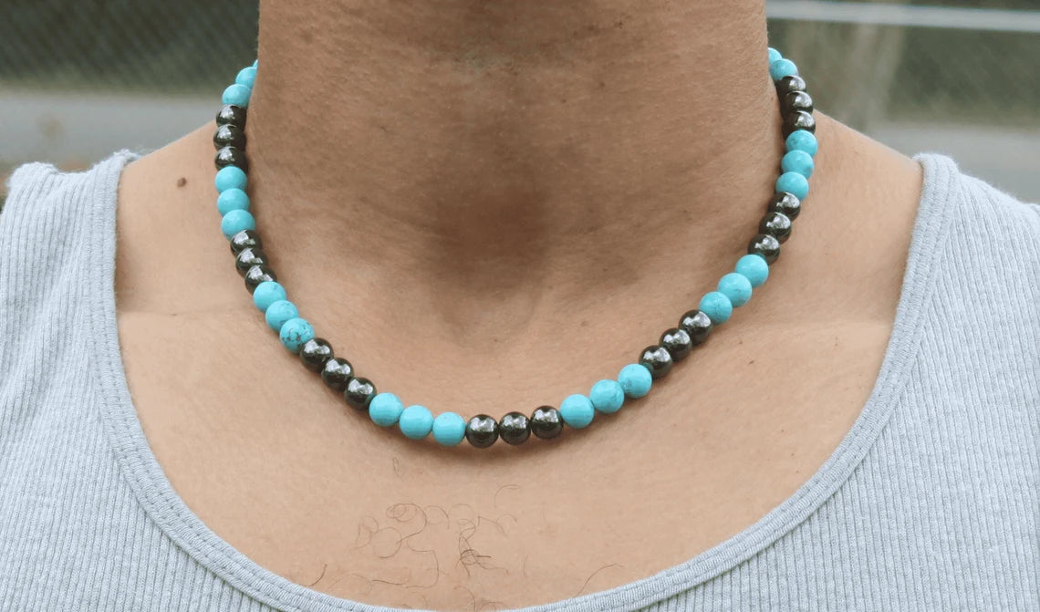 Turquoise and Hematite Necklace - Gemstone Jewelry for Men/Women - Harmony and Protection Embrace