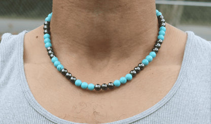 Turquoise and Hematite Necklace - Gemstone Jewelry for Men/Women - Harmony and Protection Embrace