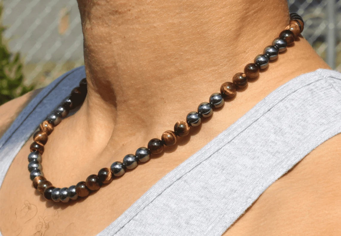Yellow Tiger's Eye and Hematite Necklace - Gemstone Jewelry for Men/Women - Courage and Grounding Embrace