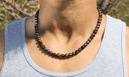 Yellow Tiger's Eye and Hematite Necklace - Gemstone Jewelry for Men/Women - Courage and Grounding Embrace