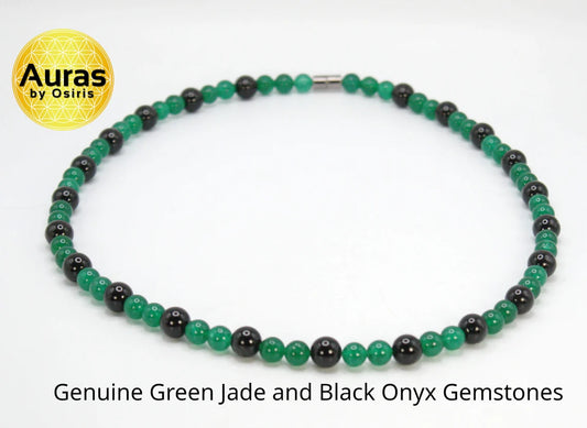 Black Onyx and Green Jade Necklace for Men/Women - Beaded Gemstone Jewelry for Protection and Success